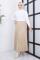 Tesettür giyim BEJ PİLİSELİ SÜET ETEK 1698