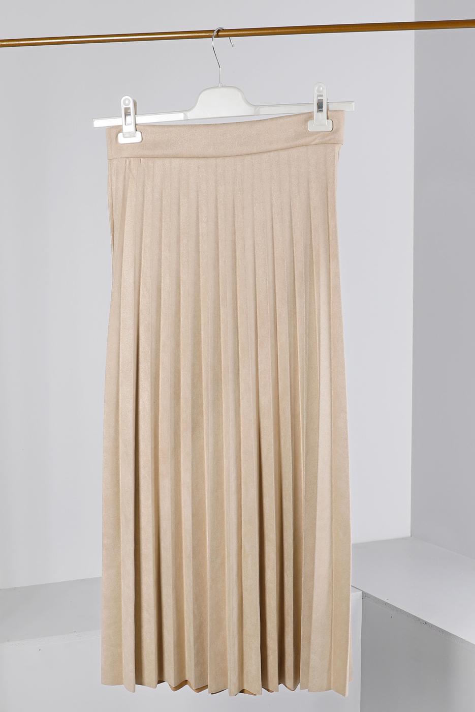 Tesettür giyim BEJ PİLİSELİ SÜET ETEK 1698