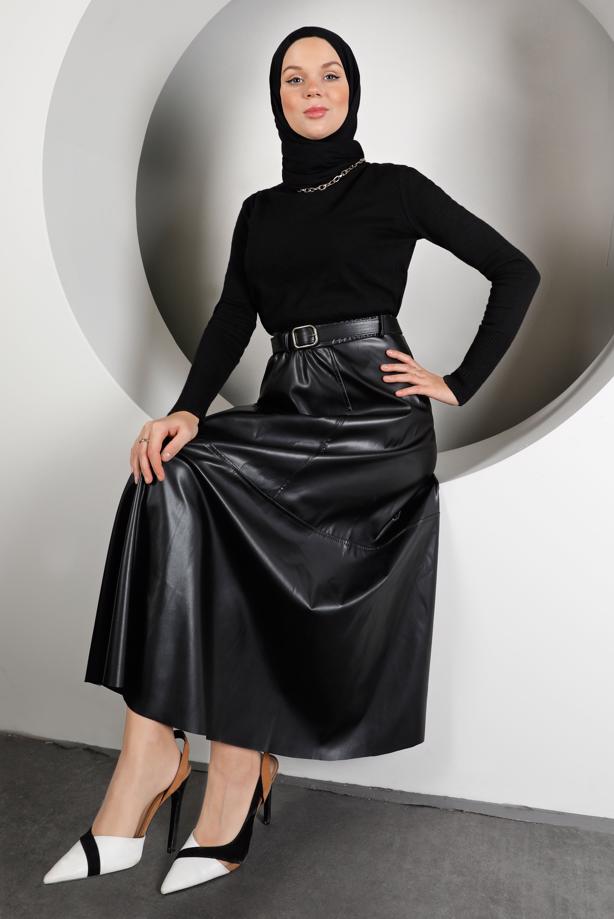 Tesettür giyim SİYAH KEMERLİ DERİ ETEK 4611 - TRENDTESETTÜR