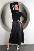 Tesettür giyim SİYAH KEMERLİ DERİ ETEK 4611