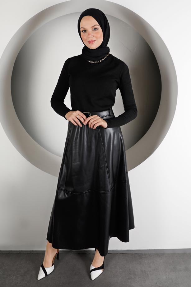 Tesettür giyim SİYAH KEMERLİ DERİ ETEK 4611 - TRENDTESETTÜR