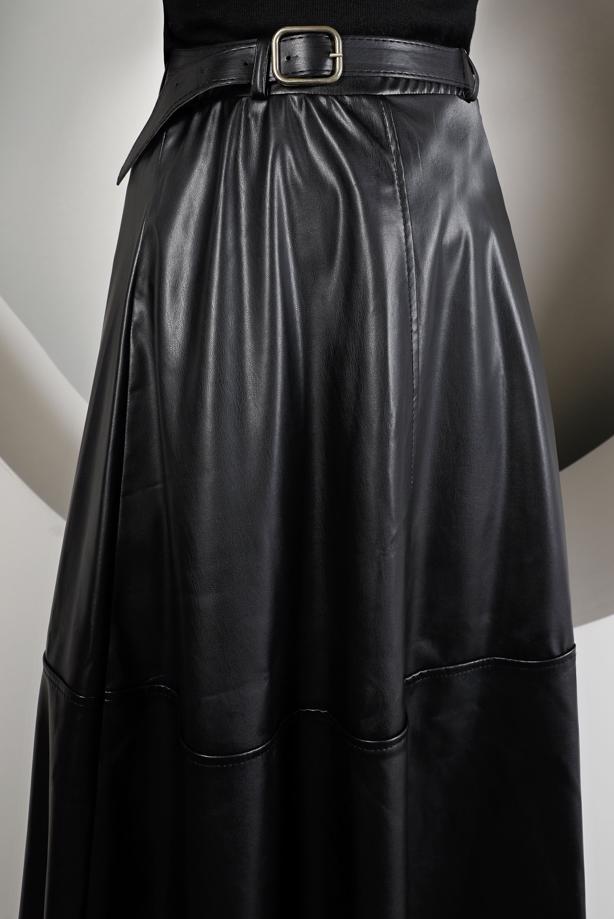 Tesettür giyim SİYAH KEMERLİ DERİ ETEK 4611 - TRENDTESETTÜR