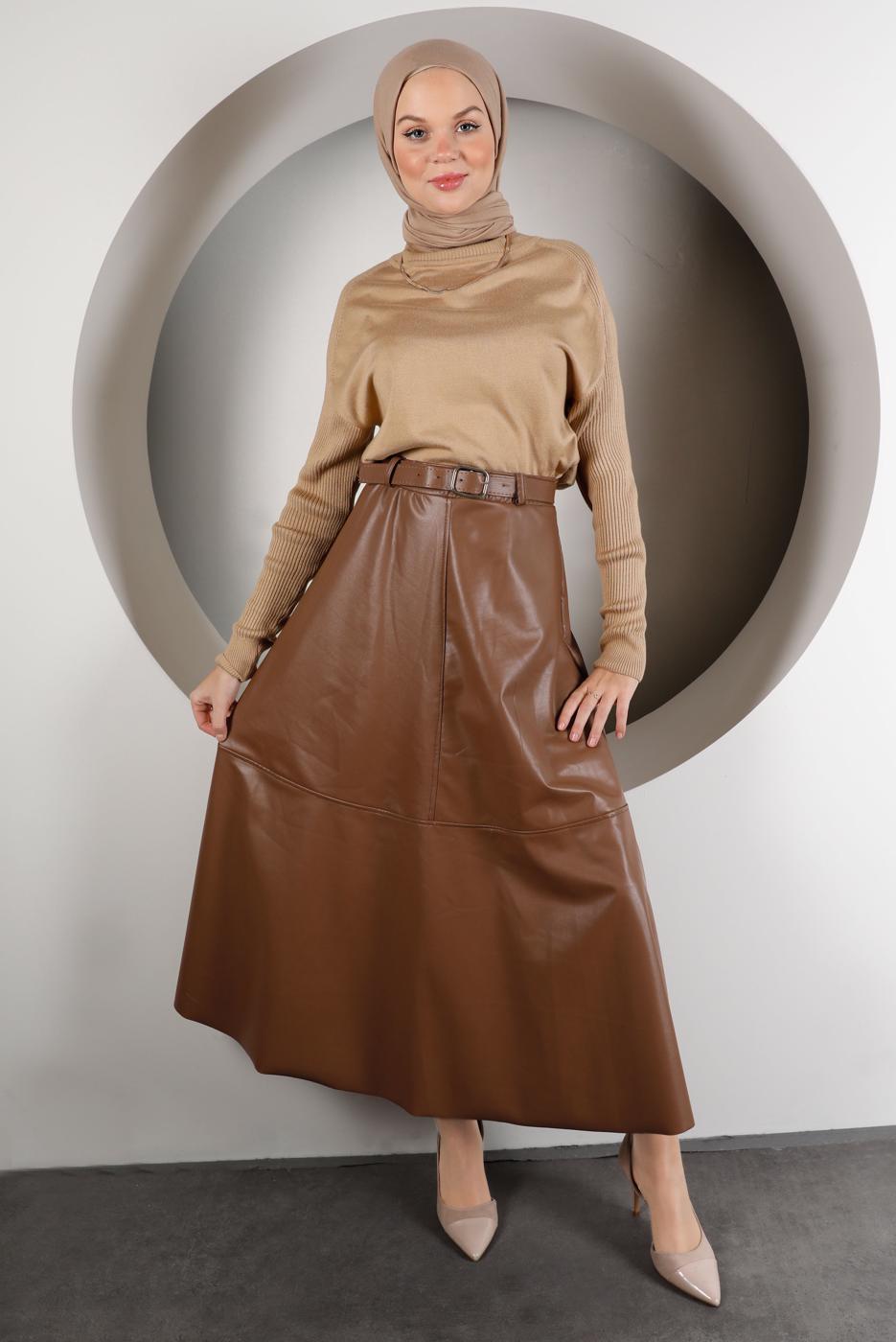 Tesettür giyim TABA KEMERLİ DERİ ETEK 4611