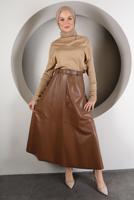 Tesettür giyim TABA KEMERLİ DERİ ETEK 4611