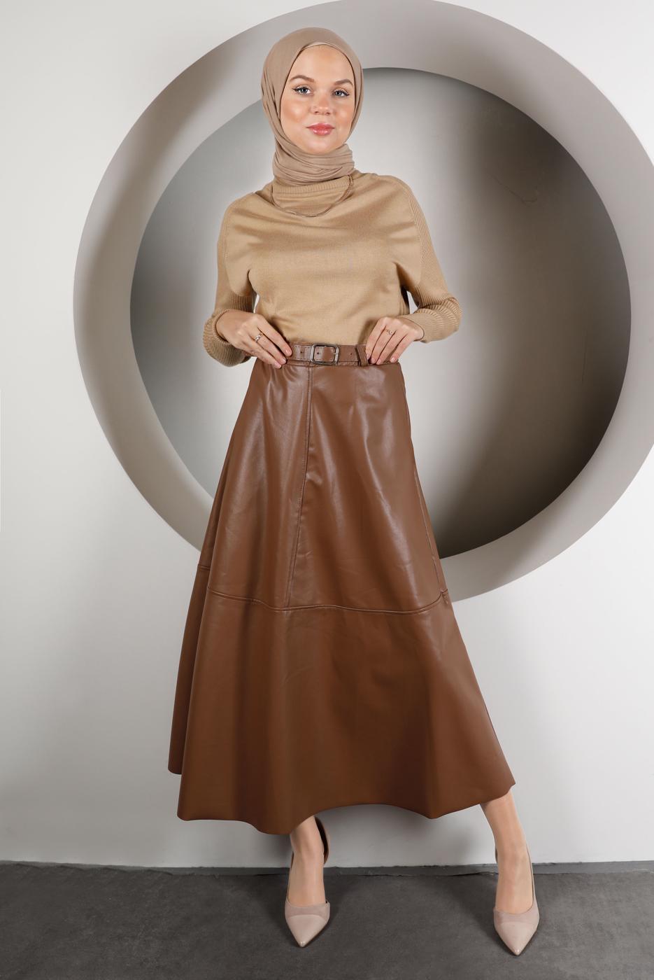 Tesettür giyim TABA KEMERLİ DERİ ETEK 4611
