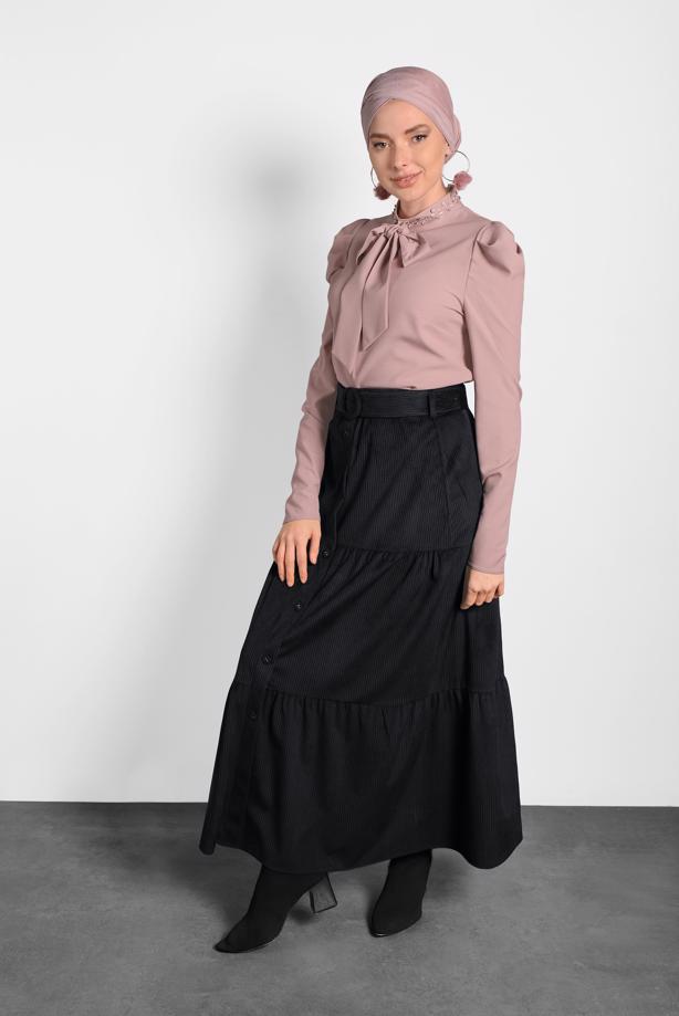 Vêtements hijab NOIR ALVİNA JUPE À VOLANTS ET CEINTURE BOUTONNÉE 60036 - TRENDTESETTÜR