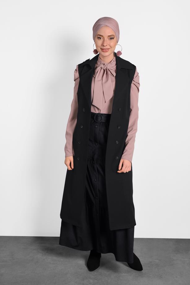 Vêtements hijab NOIR ALVİNA JUPE À VOLANTS ET CEINTURE BOUTONNÉE 60036 - TRENDTESETTÜR