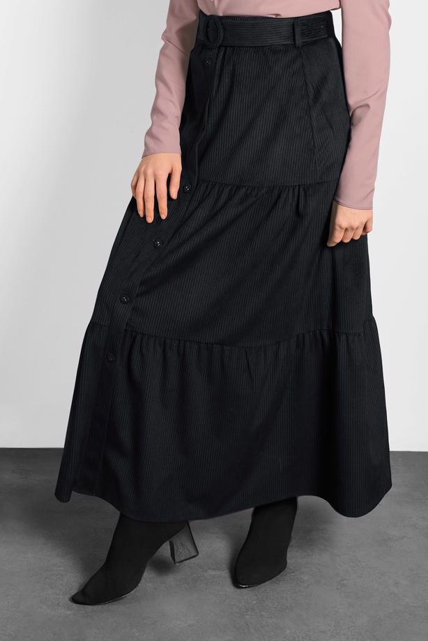 Vêtements hijab NOIR ALVİNA JUPE À VOLANTS ET CEINTURE BOUTONNÉE 60036 - TRENDTESETTÜR