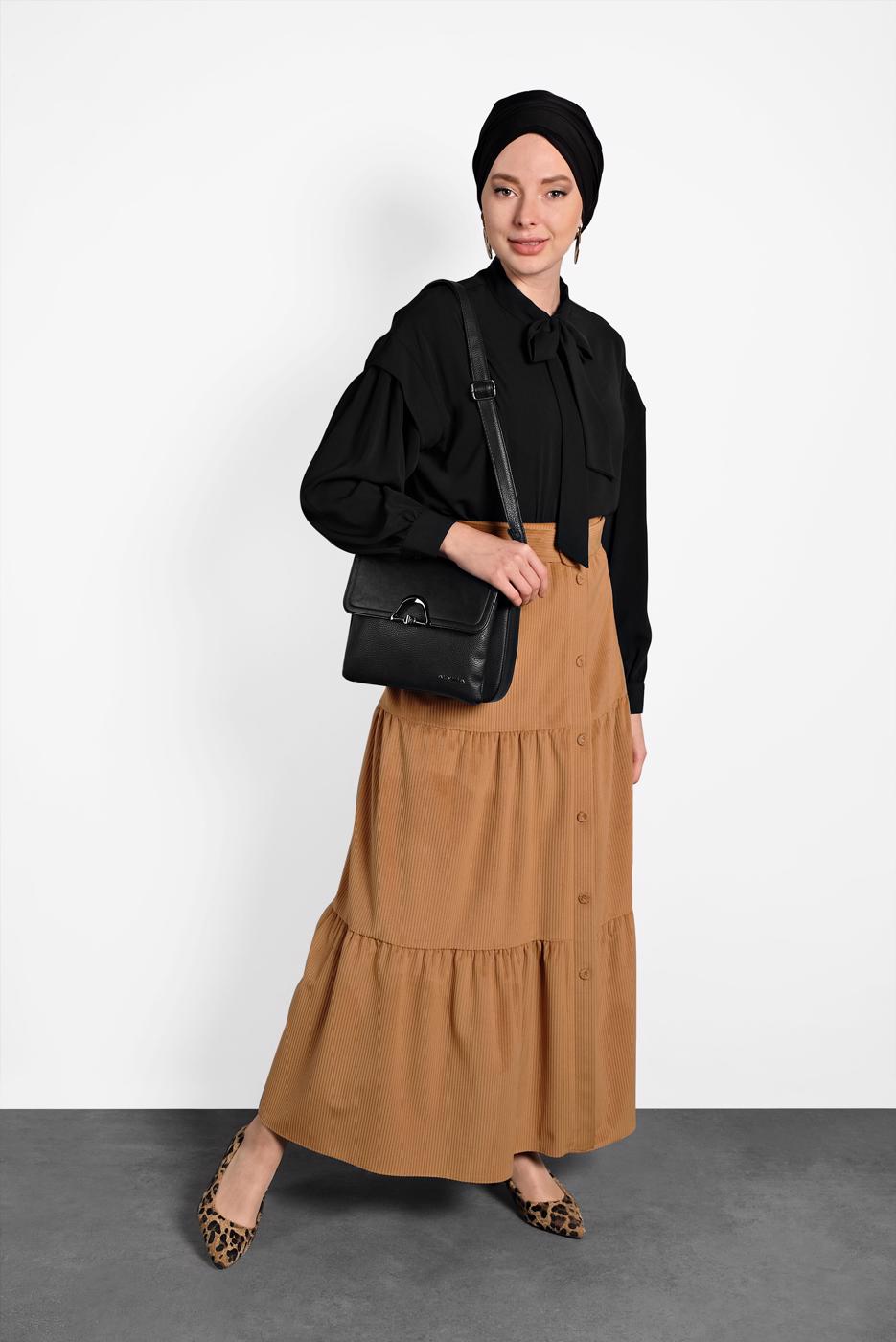 Tesettür giyim KAHVE ALVİNA DÜĞMELİ KEMERLİ VOLANLI ETEK 60036 