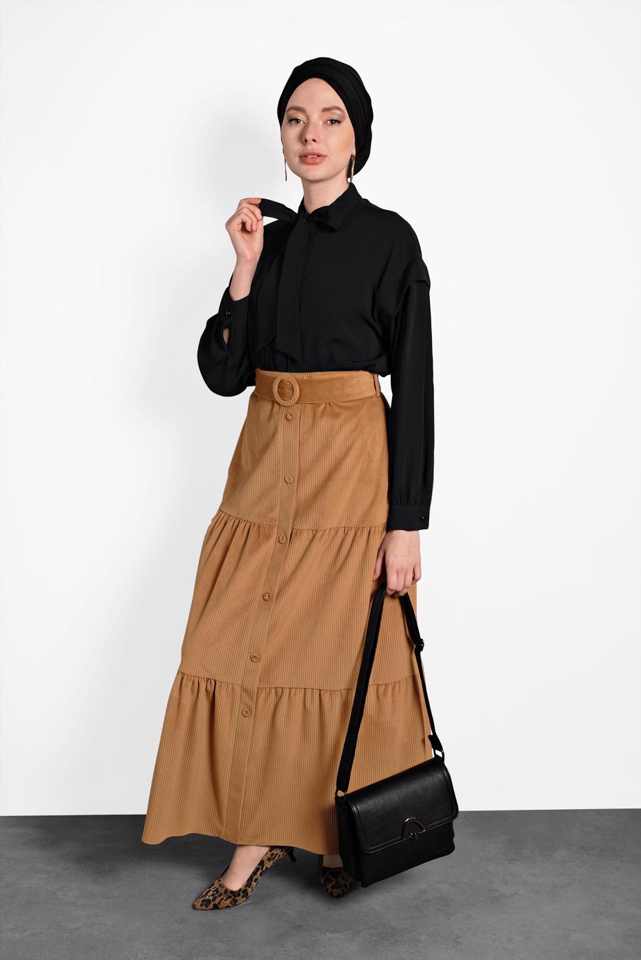 Tesettür giyim KAHVE ALVİNA DÜĞMELİ KEMERLİ VOLANLI ETEK 60036 