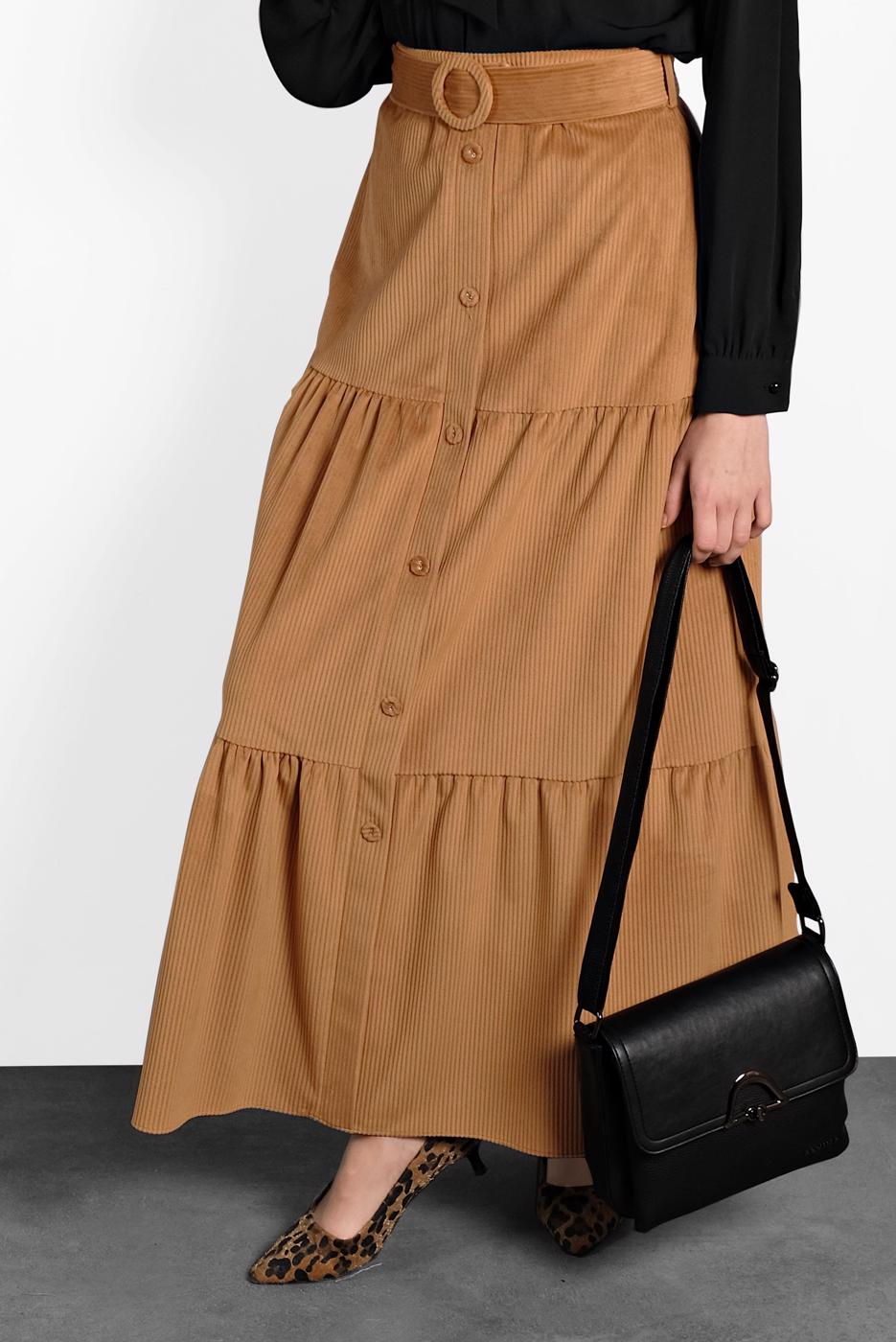 Tesettür giyim KAHVE ALVİNA DÜĞMELİ KEMERLİ VOLANLI ETEK 60036 