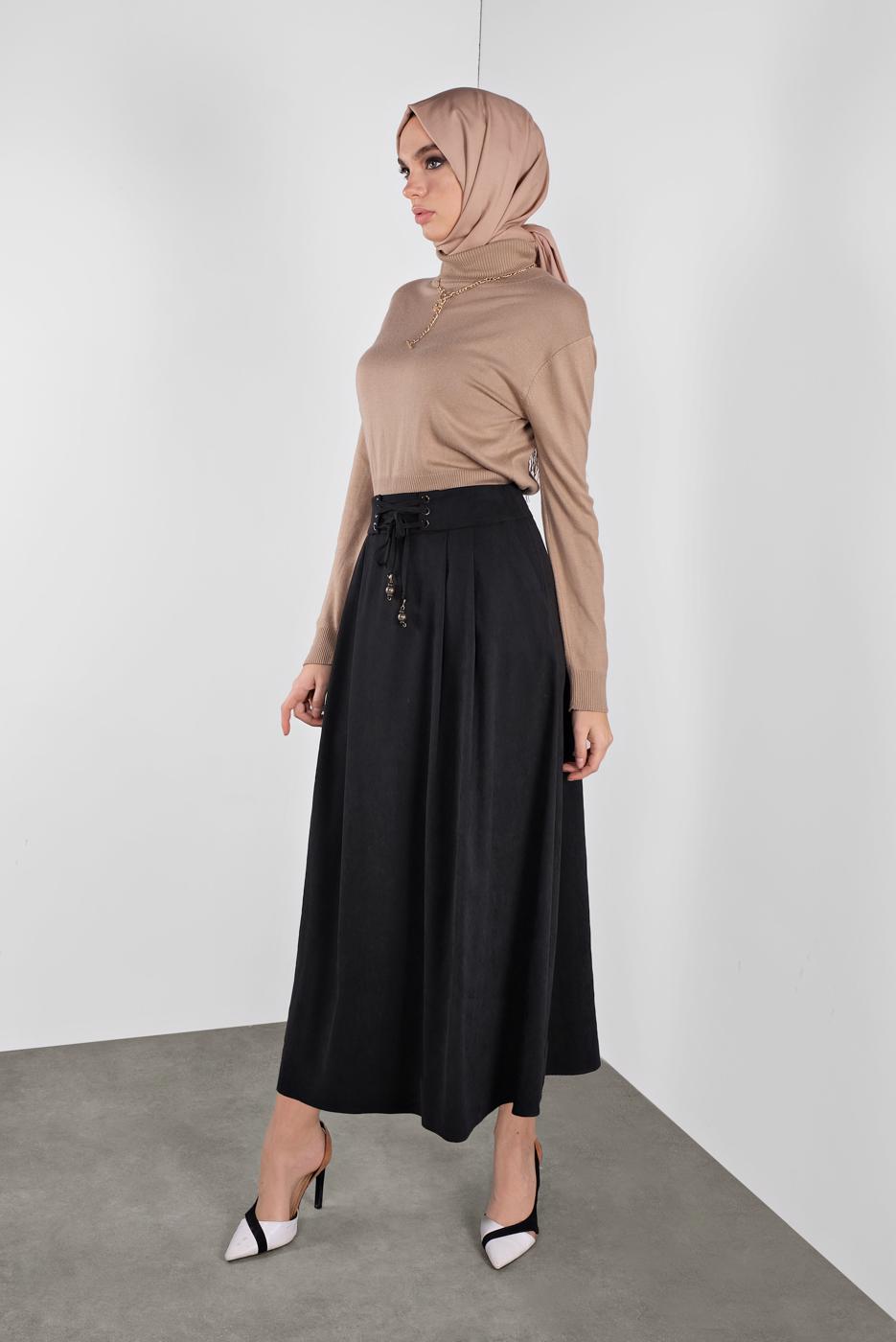 Tesettür giyim SİYAH ALVİNA BAĞCIKLI SÜET ETEK 60111	