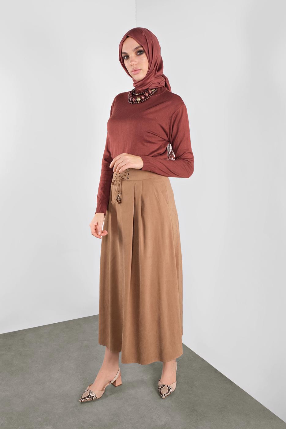 Tesettür giyim BEJ ALVİNA BAĞCIKLI SÜET ETEK 60111	