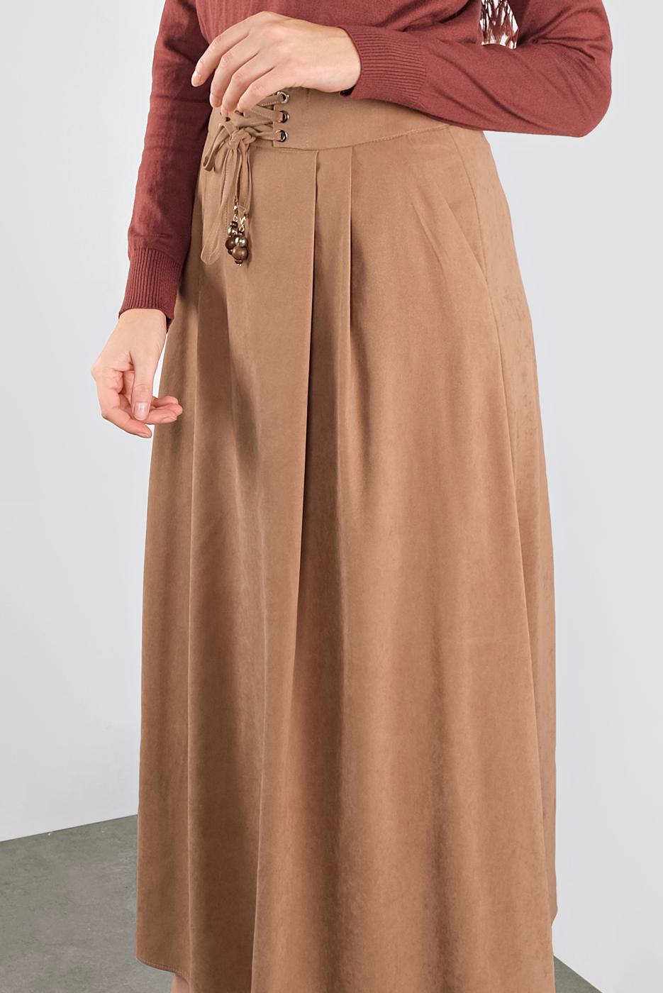 Tesettür giyim BEJ ALVİNA BAĞCIKLI SÜET ETEK 60111	