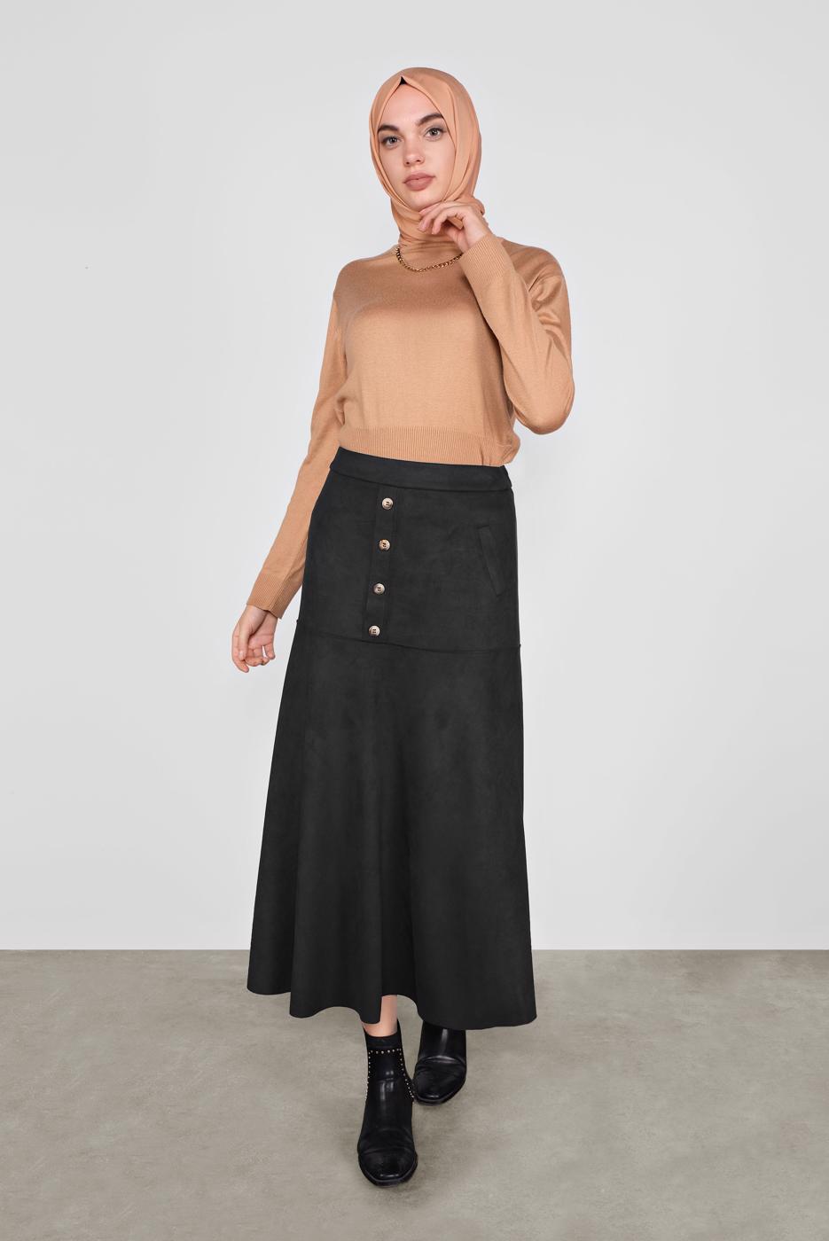 Tesettür giyim SİYAH ALVİNA DÜĞMELİ SÜET ETEK 60115	