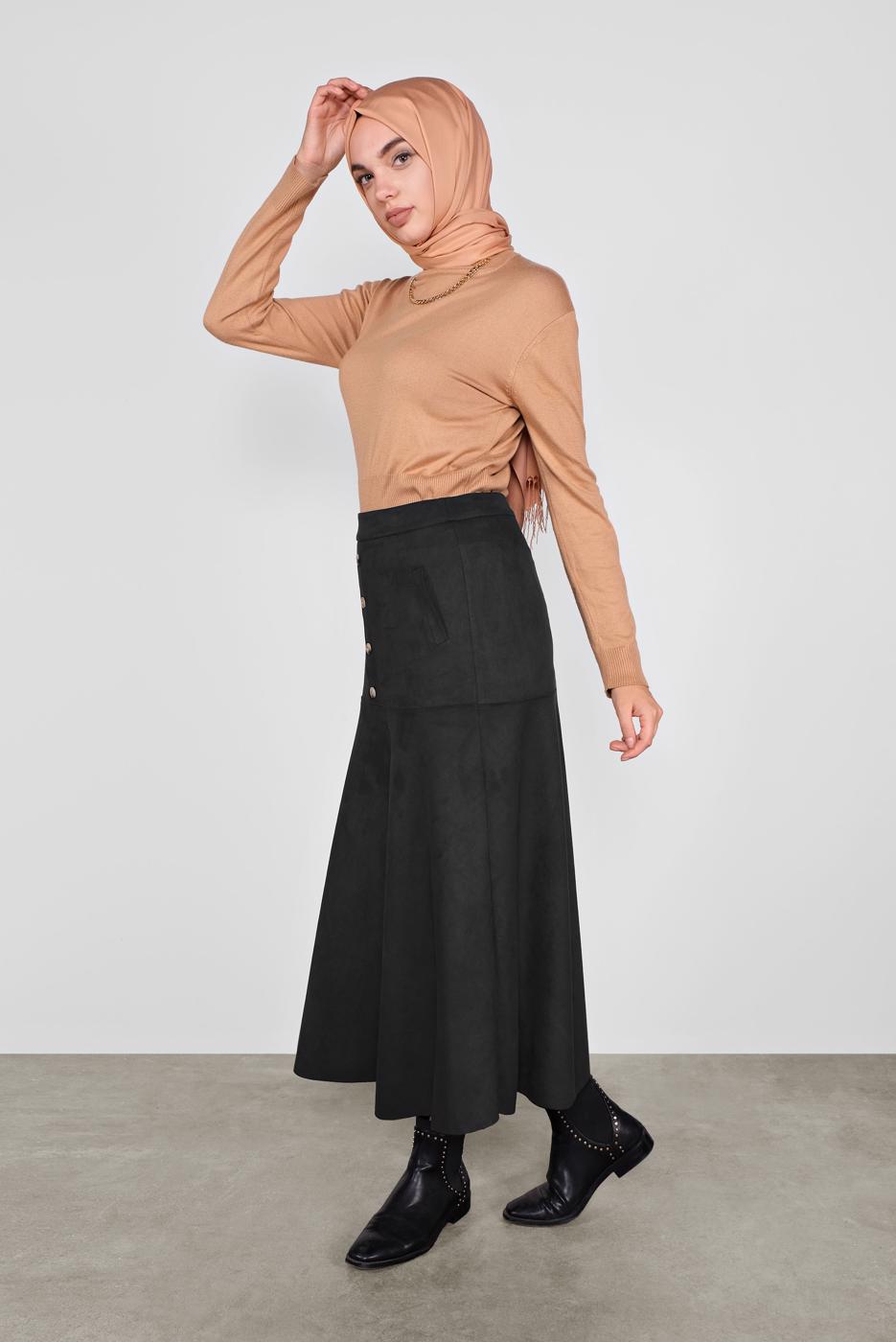 Tesettür giyim SİYAH ALVİNA DÜĞMELİ SÜET ETEK 60115	