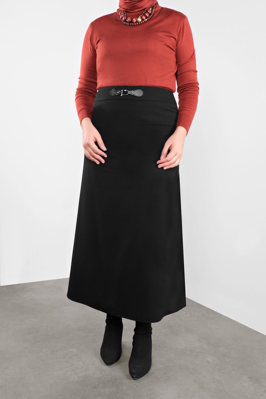 Tesettür giyim SİYAH ALVİNA BEL KISMI DERİ DETAYLI ETEK 60116	