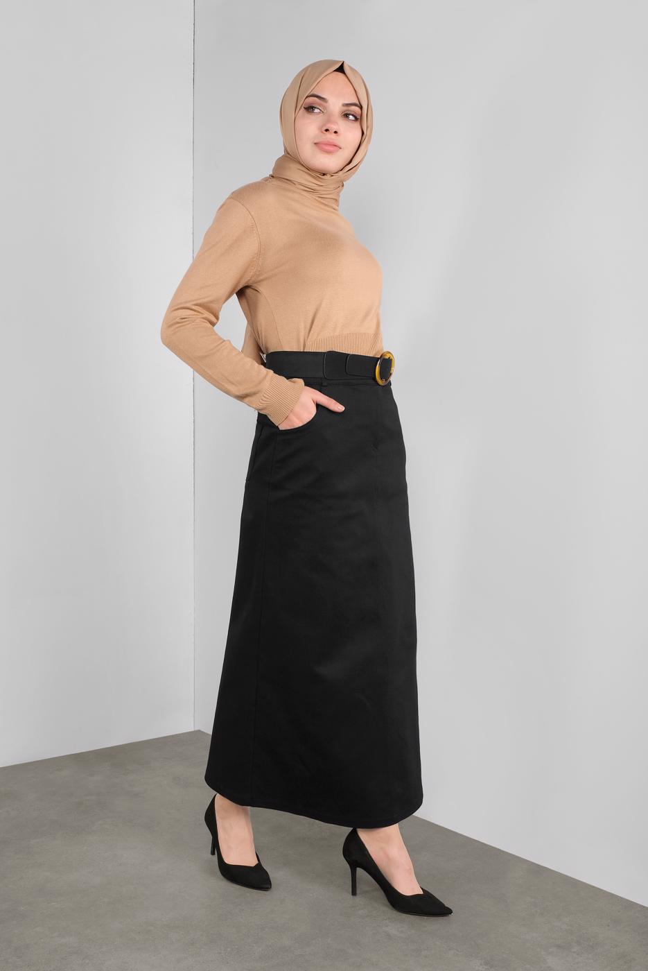 Tesettür giyim SİYAH ALVİNA DÜĞMELİ CEPLİ ETEK 60124 