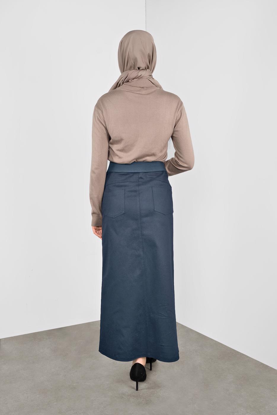Tesettür giyim LACİVERT ALVİNA DÜĞMELİ CEPLİ ETEK 60124 