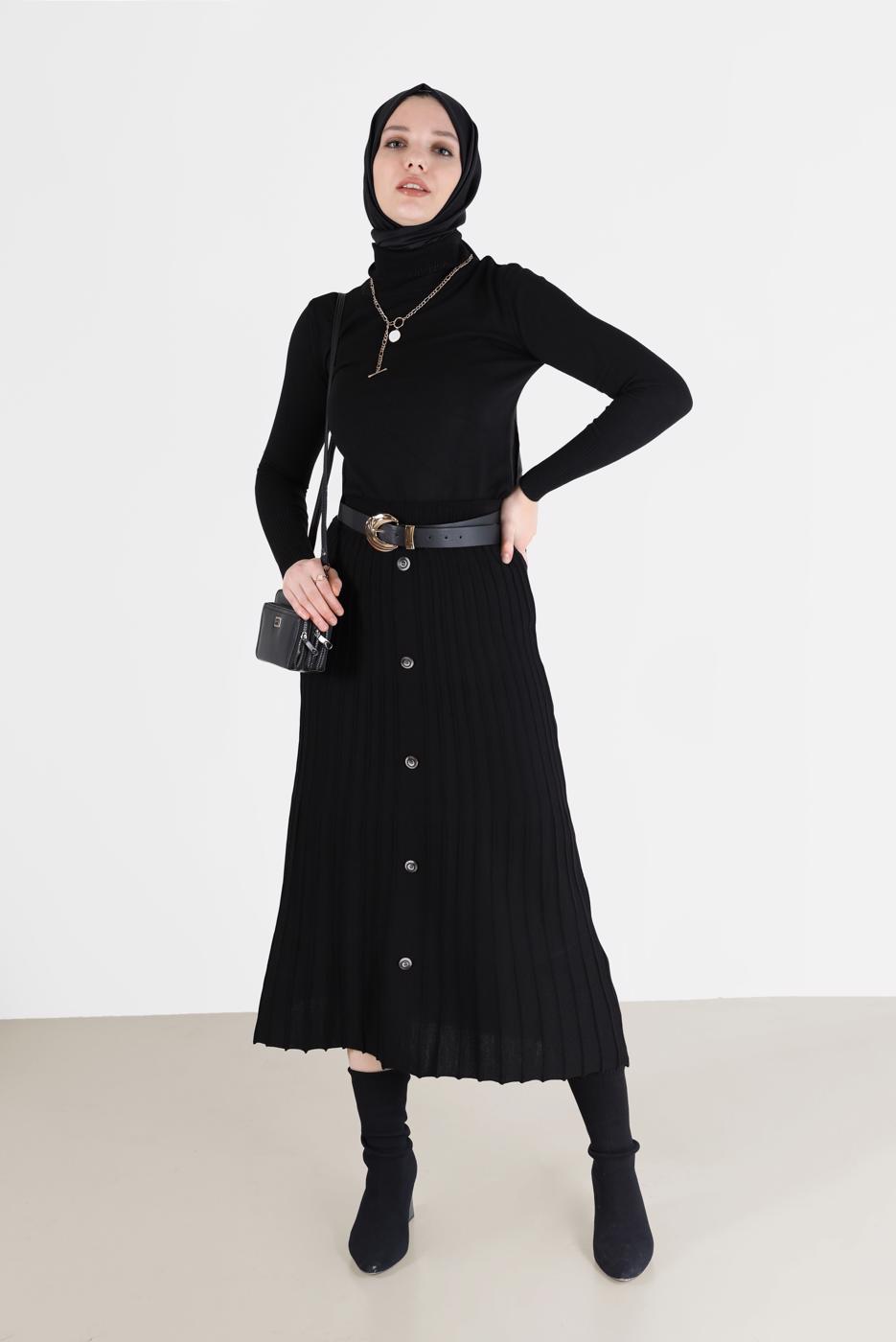 Tesettür giyim SİYAH ALVİNA PLİSELİ DÜĞME DETAYLI TRİKO ETEK 60207 