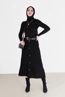 Tesettür giyim SİYAH ALVİNA PLİSELİ DÜĞME DETAYLI TRİKO ETEK 60207 