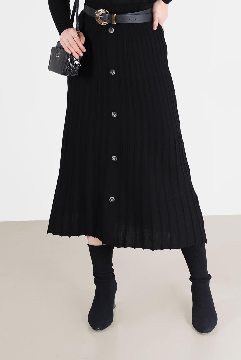 Tesettür giyim SİYAH ALVİNA PLİSELİ DÜĞME DETAYLI TRİKO ETEK 60207 