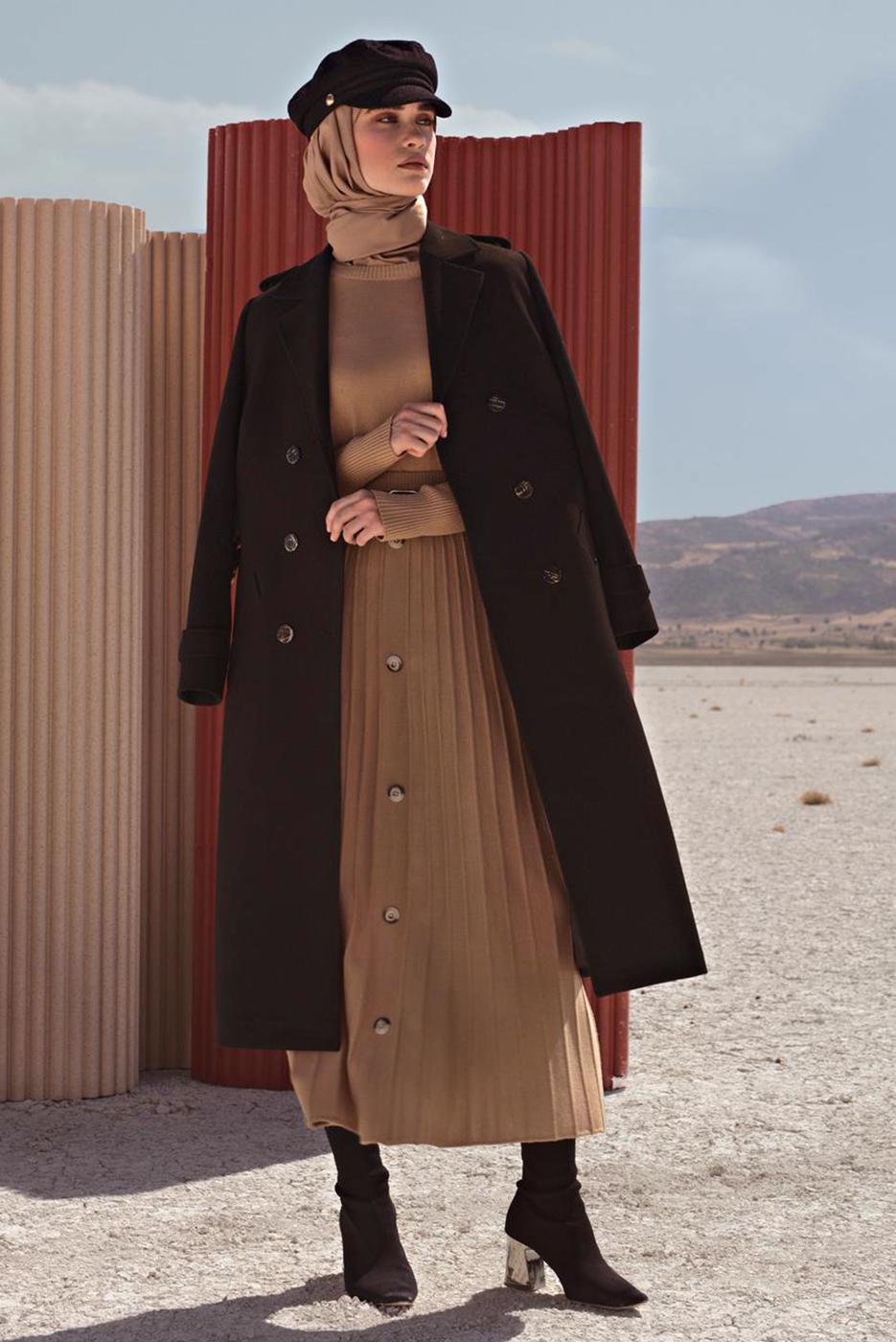 Tesettür giyim KAHVE ALVİNA PLİSELİ DÜĞME DETAYLI TRİKO ETEK 60207 