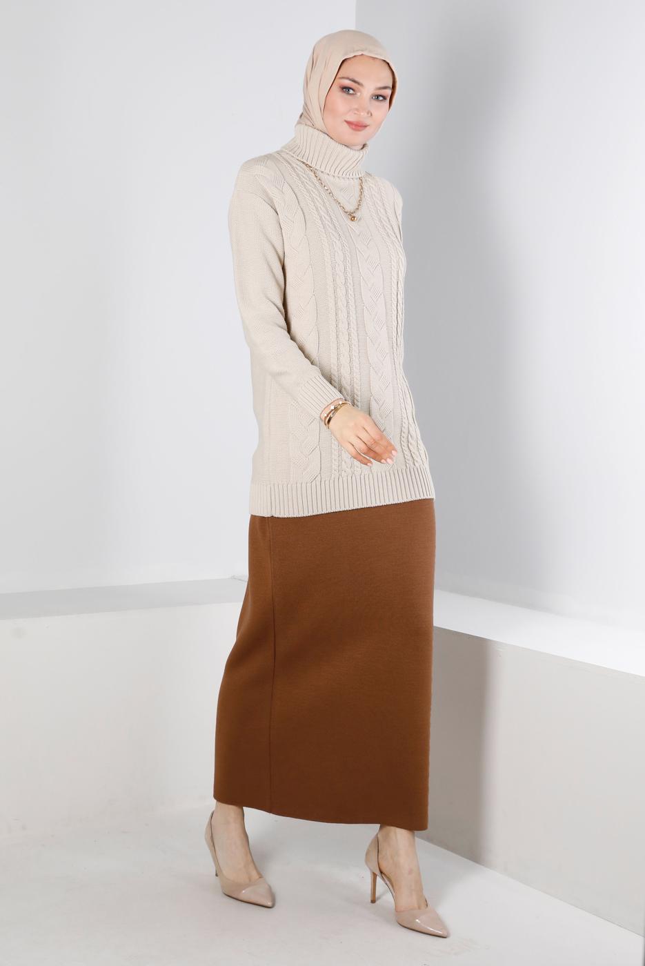 Tesettür giyim KAHVE ALVİNA TRİKO ETEK T 60321