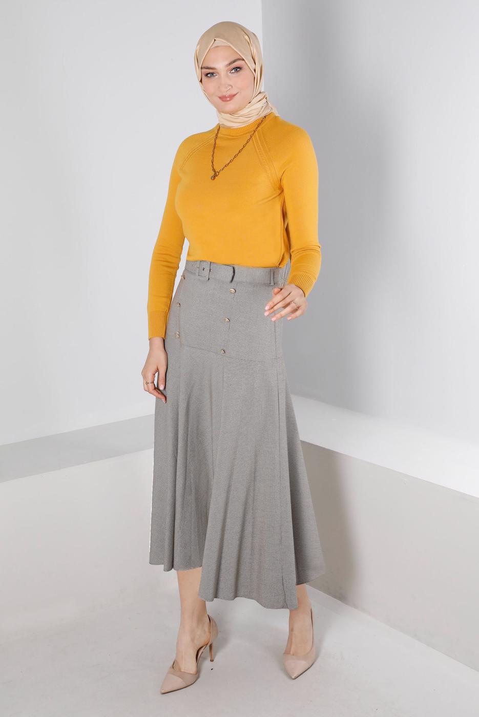 Tesettür giyim VİZON ALVİNA KEMERLİ ETEK T 60330