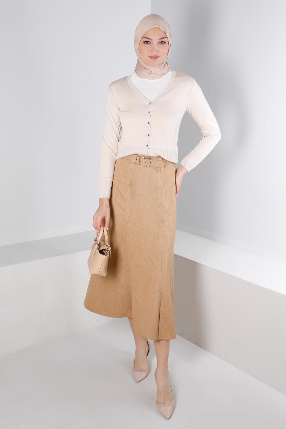 Tesettür giyim KAHVE ALVİNA KEMERLİ ETEK T 60335