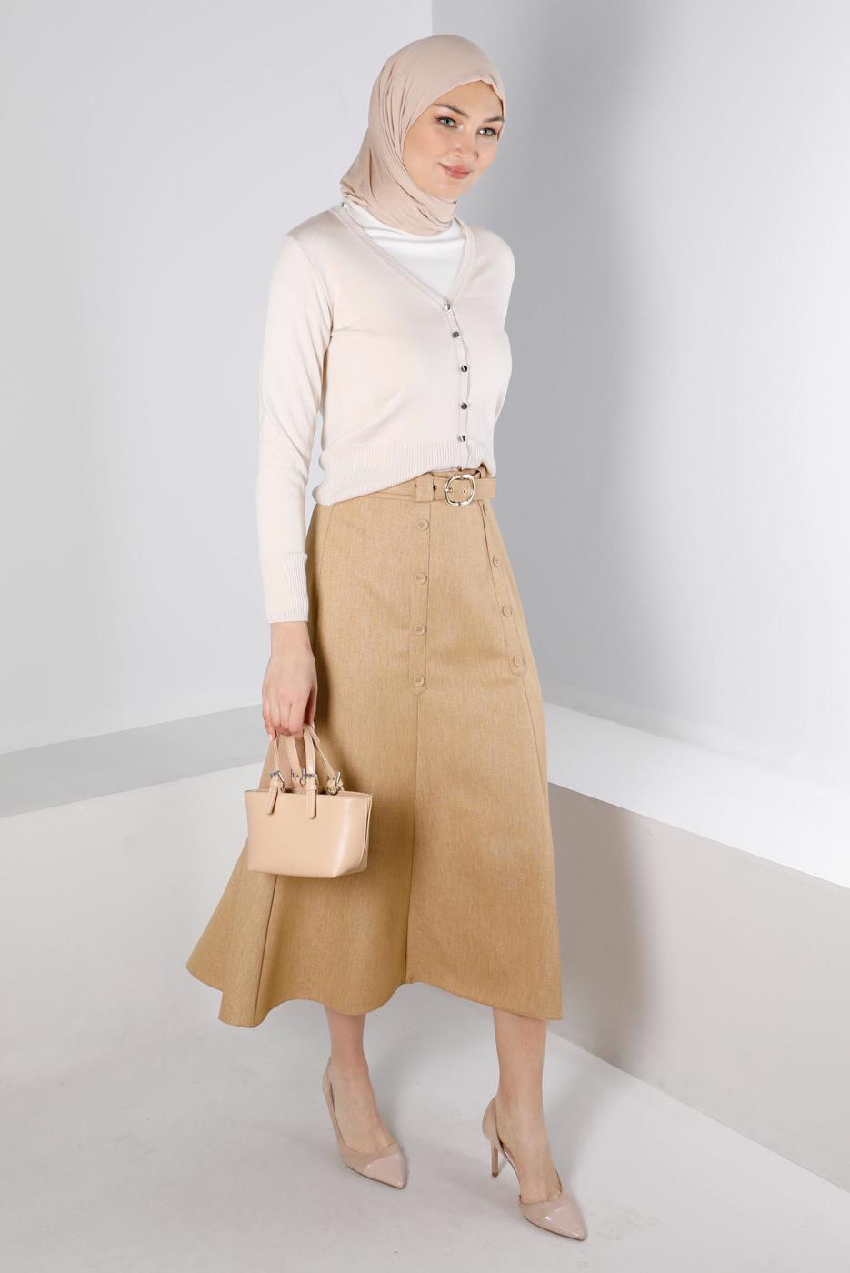 Tesettür giyim KAHVE ALVİNA KEMERLİ ETEK T 60335