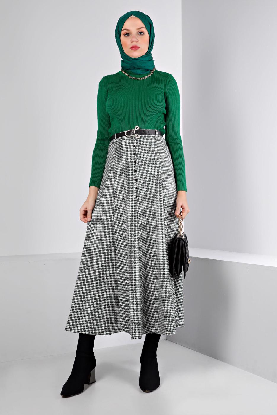 Tesettür giyim YEŞİL ALVİNA KEMERLİ ETEK T 60345