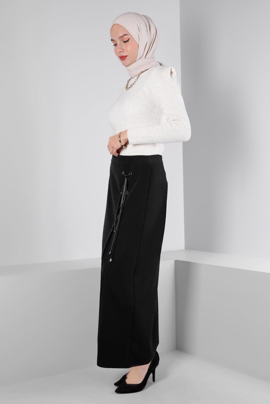 Tesettür giyim SİYAH ALVİNA KUŞGÖZÜ DETAYLI ETEK T 60346