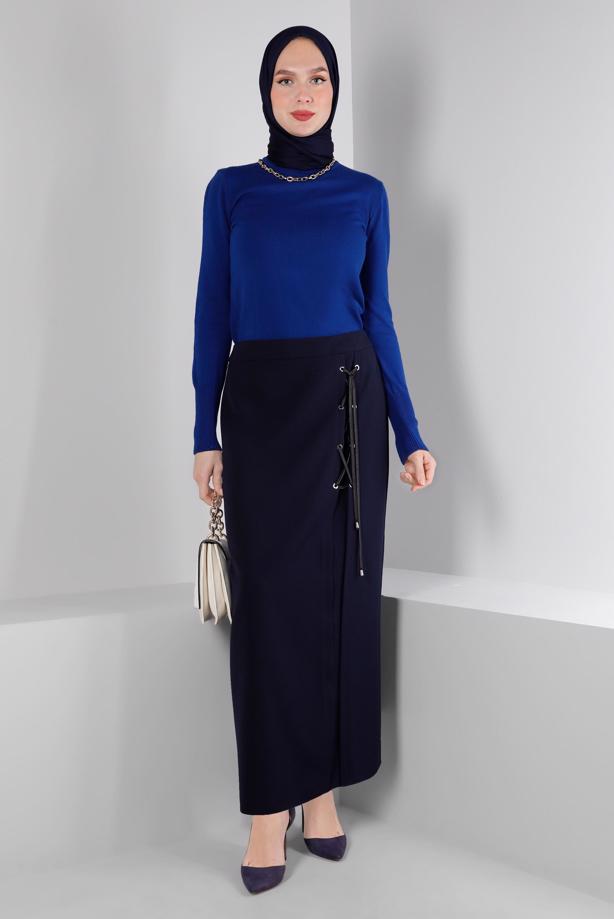 Vêtements hijab BLEU MARINE ALVINA JUPE À DÉTAILS ŒILLETS 60346 - TRENDTESETTÜR