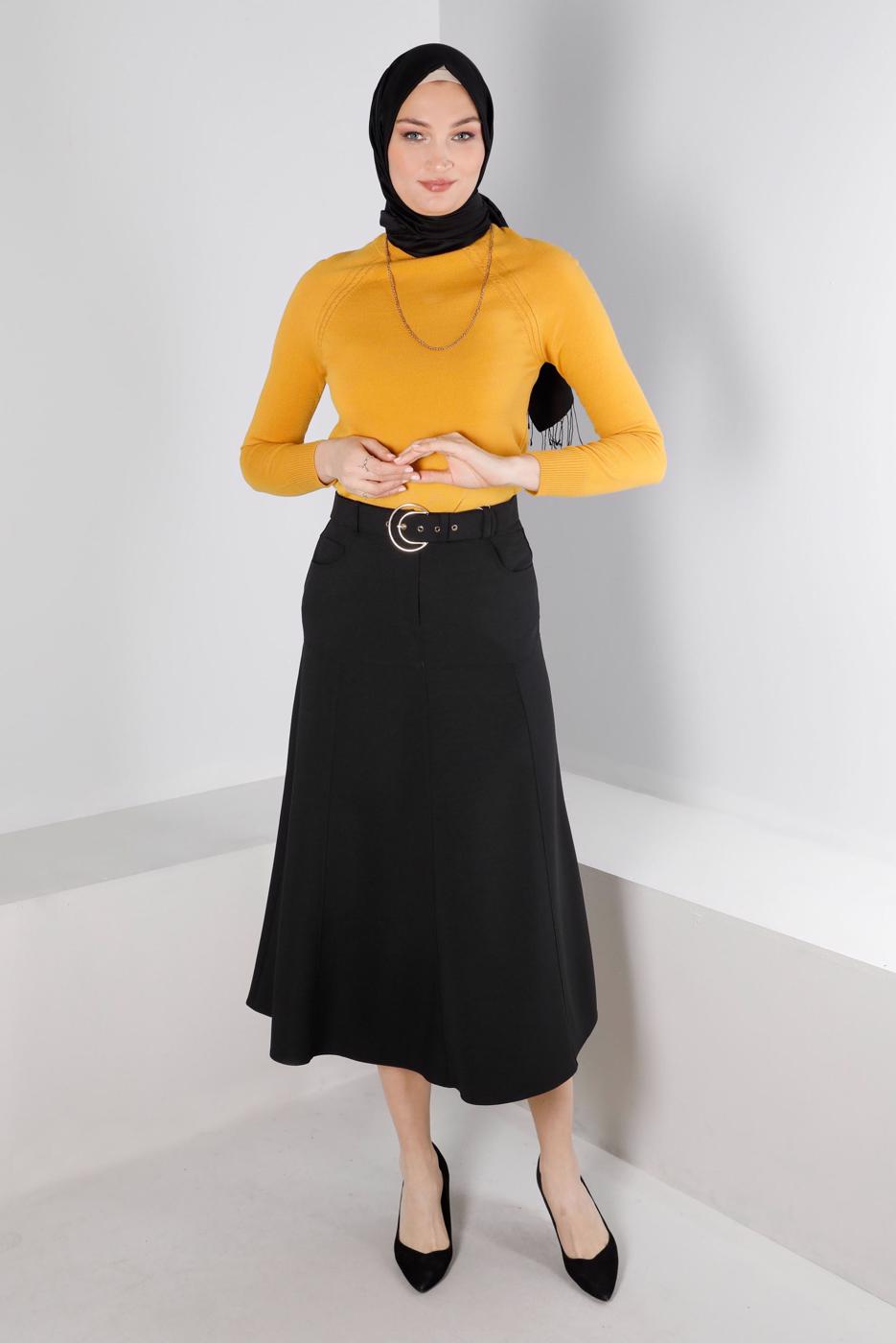 Tesettür giyim SİYAH ALVİNA KEMERLİ ETEK T 60347