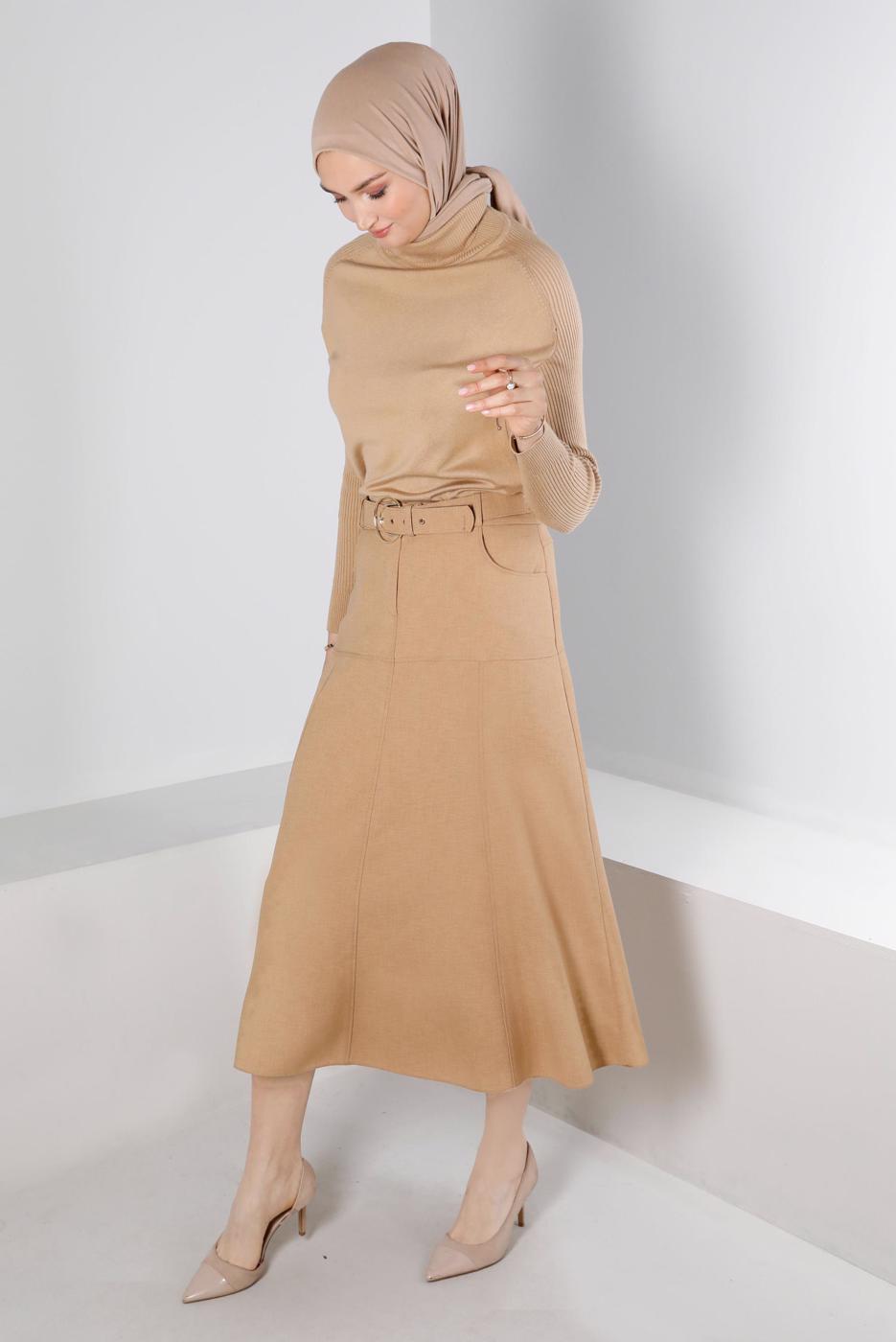 Tesettür giyim BEJ ALVİNA KEMERLİ ETEK T 60347
