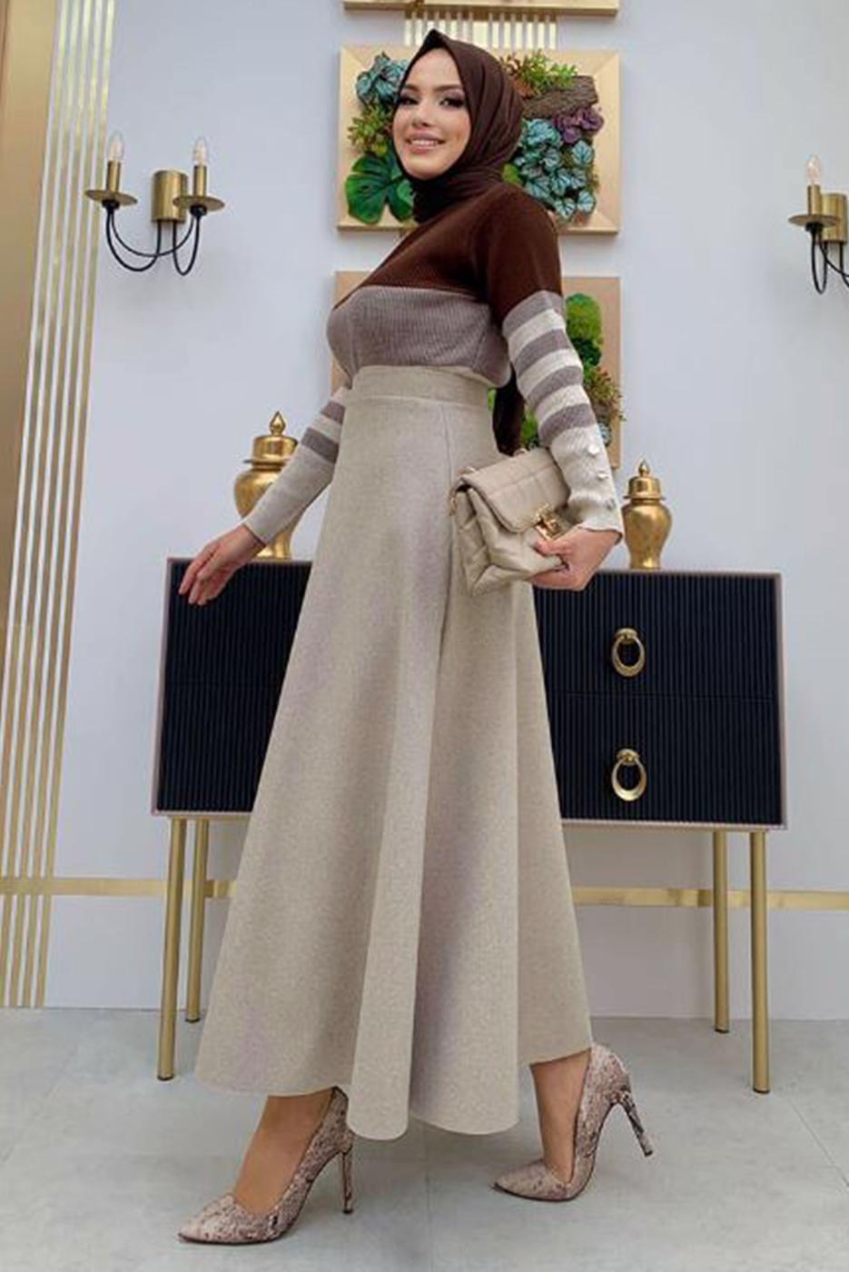 Tesettür giyim VİZON KLOŞ KAŞE ETEK 6811 