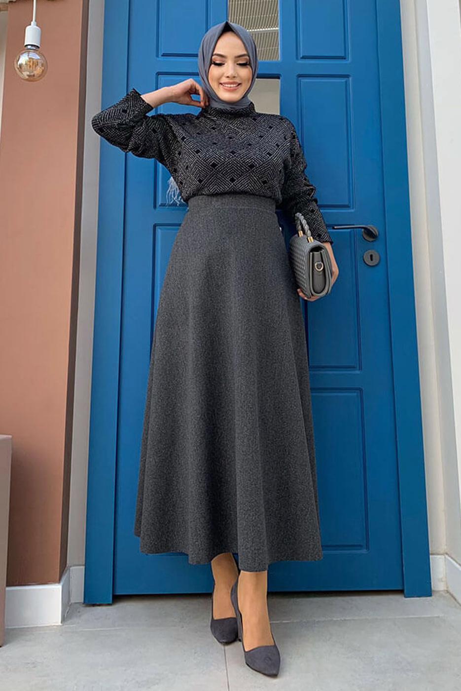Tesettür giyim GRİ KLOŞ KAŞE ETEK 6811 
