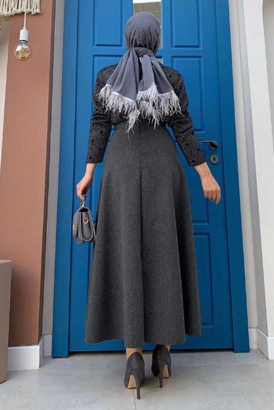 Tesettür giyim GRİ KLOŞ KAŞE ETEK 6811 