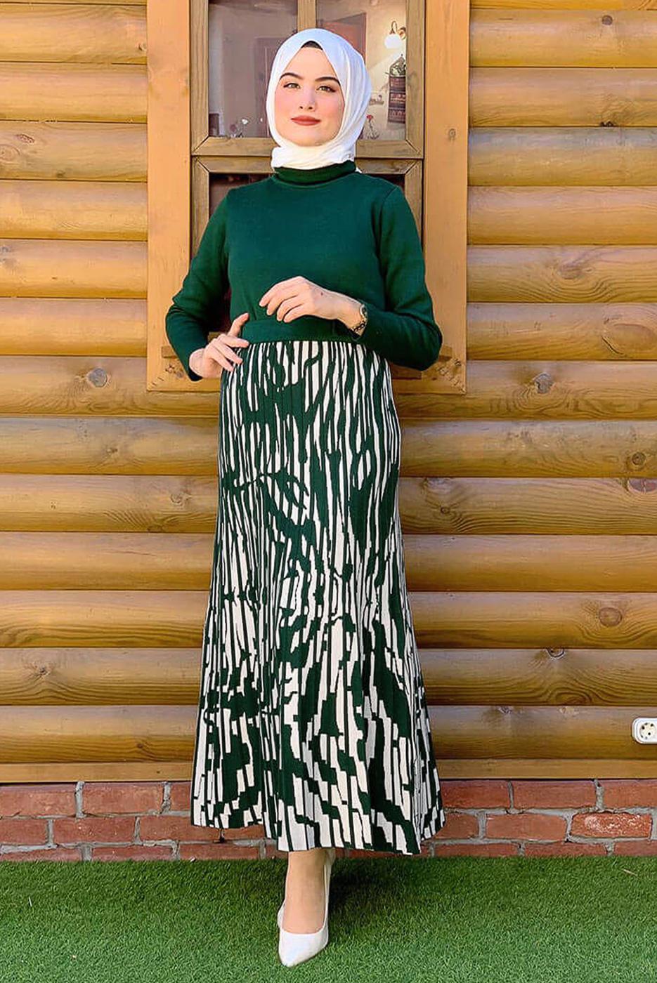Tesettür giyim YEŞİL DESENLİ TRİKO ETEK 8434 