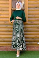 Tesettür giyim YEŞİL DESENLİ TRİKO ETEK 8434 