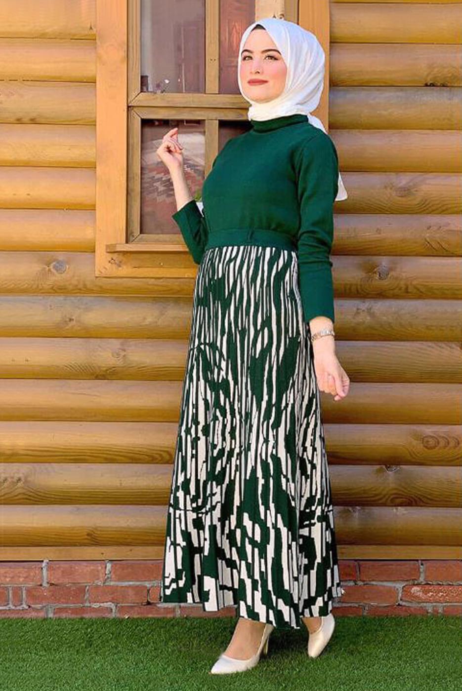 Tesettür giyim YEŞİL DESENLİ TRİKO ETEK 8434 