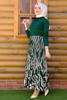 Tesettür giyim YEŞİL DESENLİ TRİKO ETEK 8434 