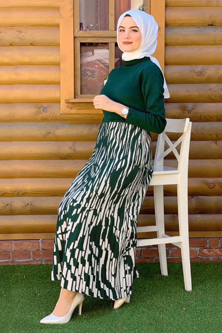 Tesettür giyim YEŞİL DESENLİ TRİKO ETEK 8434 