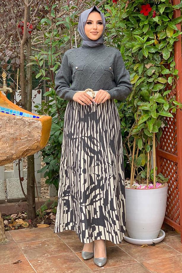 Tesettür giyim GRİ DESENLİ TRİKO ETEK 8434  - TRENDTESETTÜR