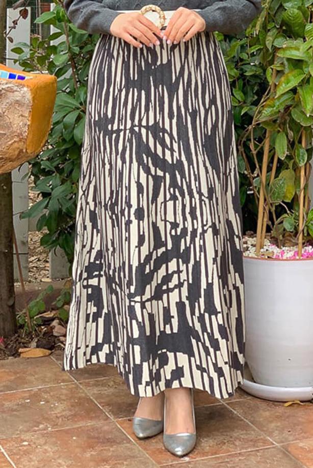 Tesettür giyim GRİ DESENLİ TRİKO ETEK 8434  - TRENDTESETTÜR