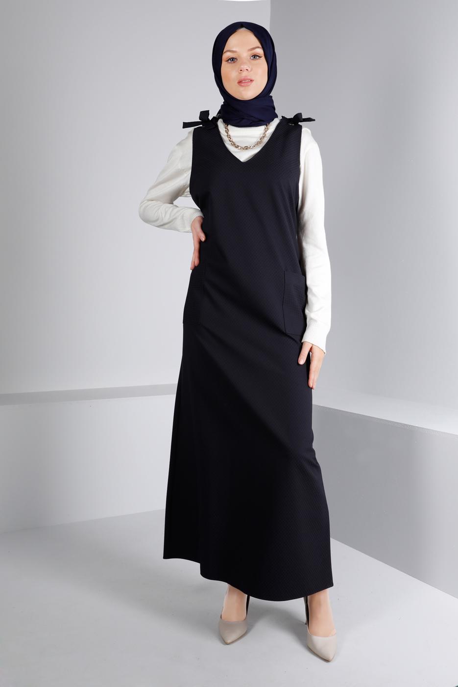 Tesettür giyim LACİVERT ALVİNA OMUZLARI BAĞCIKLI JİLE 40414 