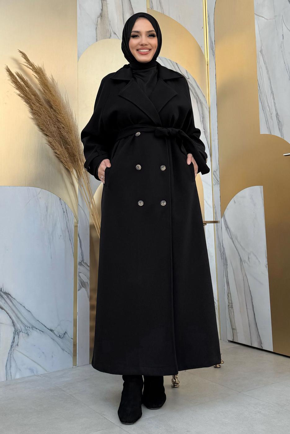 Hijab clothing BLACK BELTED COAT T 1677