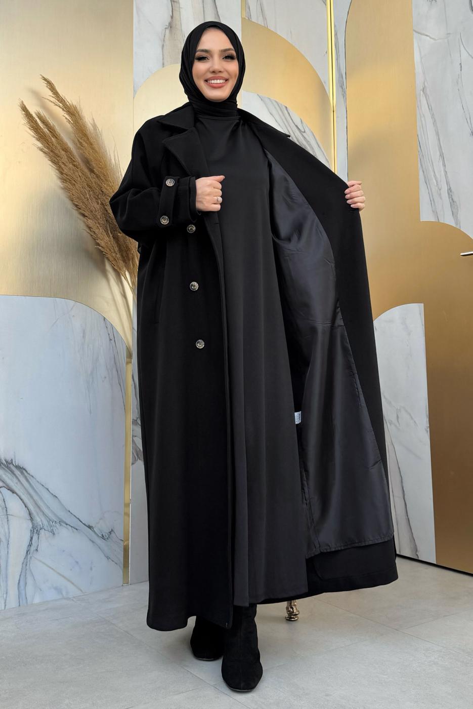 Hijab clothing BLACK BELTED COAT T 1677
