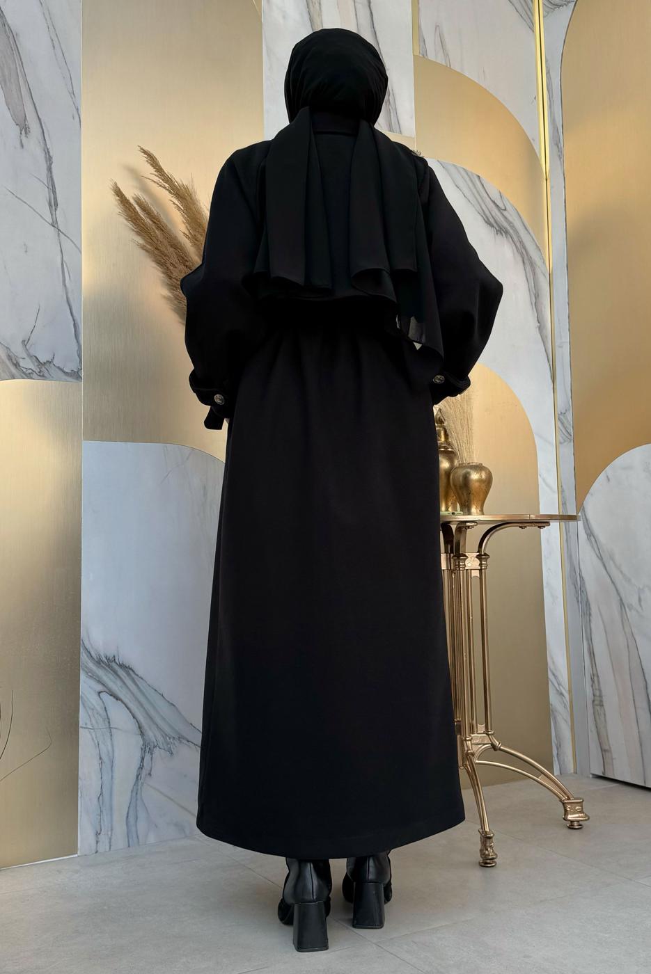 Tesettür giyim SİYAH KUŞAKLI MANTO T 1677